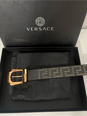 Versace Black Leather Studded Belt with Gold Buckle Accents